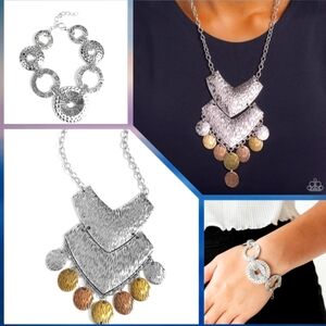 Silvertone, Brass, Copper and Goldtone Statement Necklace and Bracelet Set